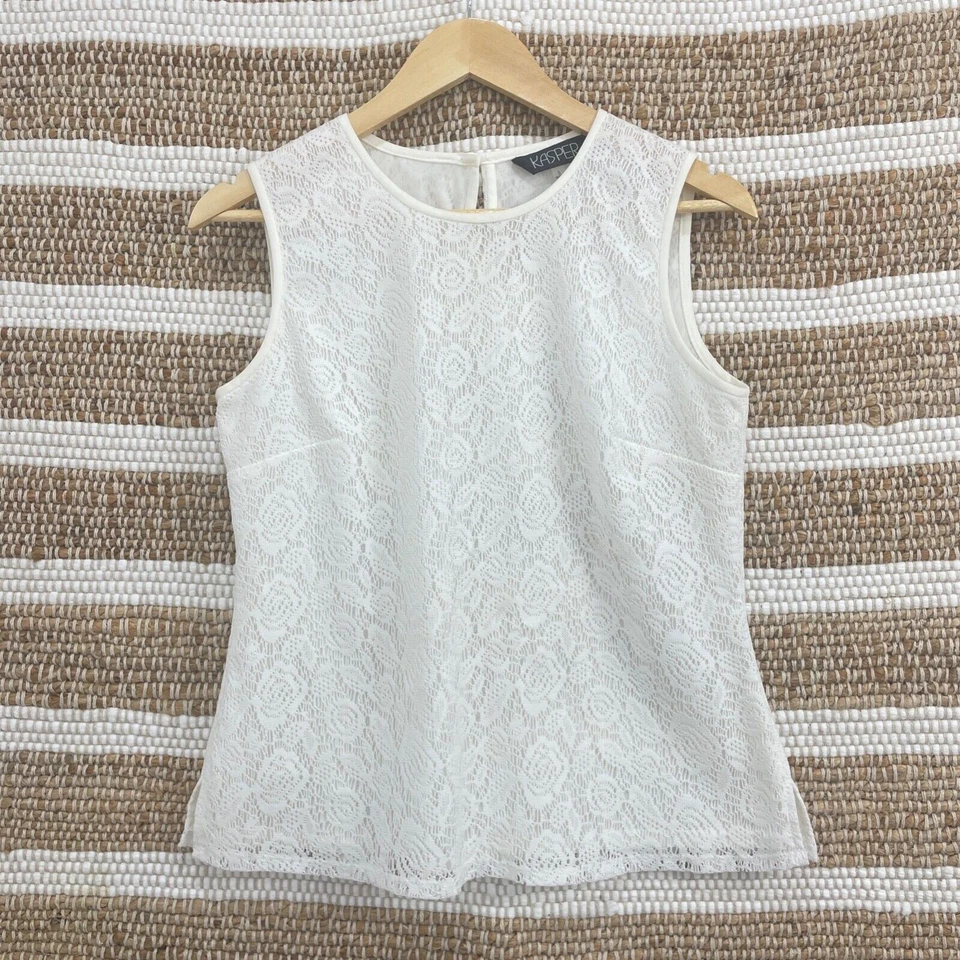Top para mujer Kasper pequeño blanco sin mangas con caparazón de encaje tejido Foto 2 de 4
