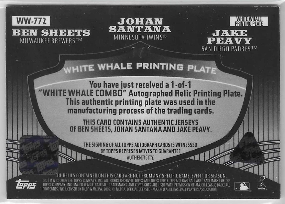 HOJAS BEN JOHAN SANTANA JAKE PEAVY 2006 Topps White Whale PP #1 ¡De solo 1! 🔥 Foto 2 de 2