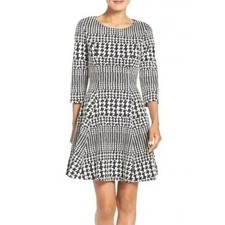 Eliza J | Womens Houndstooth Fit and Flare Zip Front Dress Black White | Size 2