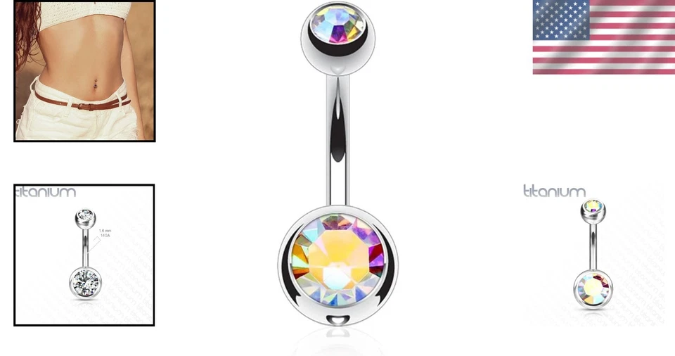 Anillo ombligo doble gema de titanio macizo 14G G23 - hipoalergénico y duradero Foto 2 de 4