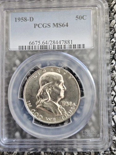 1958 D Franklin Half Dollar ** PCGS MS64 Blue Label Holder Pictures Magnified