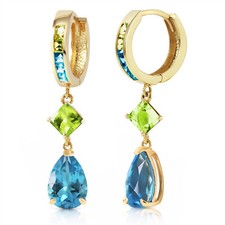 14K. GOLD HUGGIE EARRING WITH PERIDOTS  BLUE TOPAZ Yellow Gold 