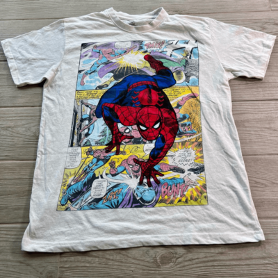 【白、Lサイズ】Spider-Man Tee Marvel Mens White Spider-Man Comic Graphic Short Sleeve T-Shirt