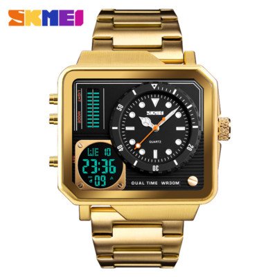SKMEI Men Luxury Stainless Steel Square LED Digital Alarm Quartz Wrist Watches