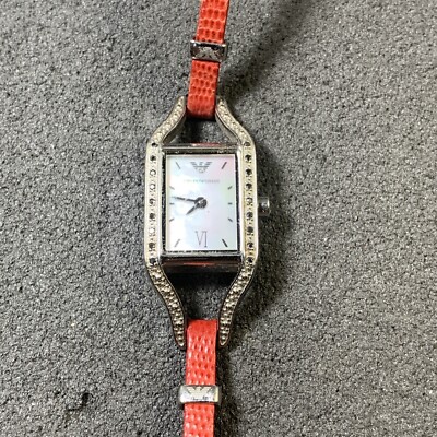 EMPORIO ARMANI AR-3131 Ladies Watch, Black Diamonds, Red Leather, New Battery