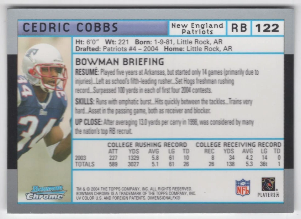 2004 BOWMAN CHROME ROOKIE Cedric Cobbs Rookie New England Patriots #122 - Image 2 of 2