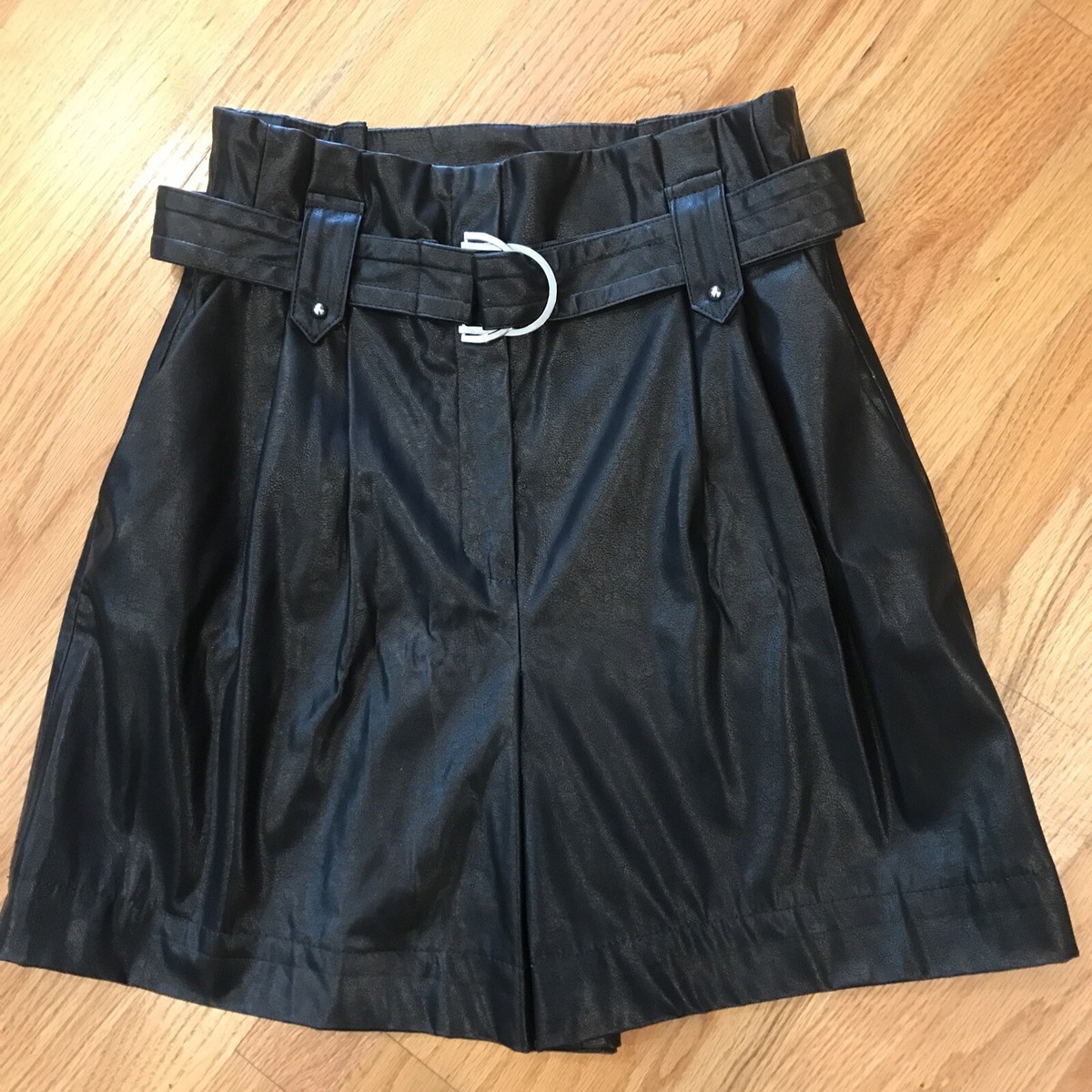 Zara Faux Leather Belted Paperbag Pleated Waist Shorts Womens S High Waist