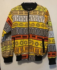Unique Boutique African Full Zip Bomber Jacket Mens Medium Tribal Art Colorful