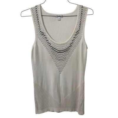 VTG Cache Tank Top Womens M Ivory Ribbed Knit Beaded V-Neck Sleeveless Cocktail