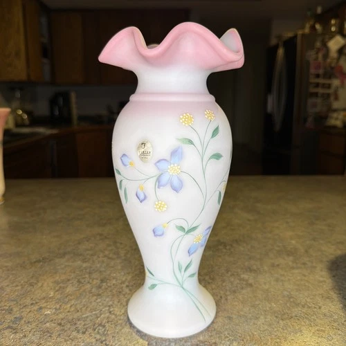 Fenton Blue Burmese Vase Limited 256/2750 Lillies 10 3/4" Hand Painted Signed