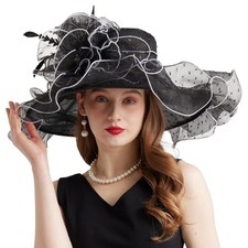 Women Elegant Organza Derby Hat Wide Brim Sun Hats for Wedding Tea Party Black