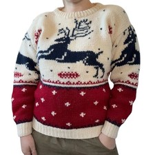 Vintage 1990s Eddie Bauer Hand Knit 100 Wool Reindeer Christmas Chunky Sweater