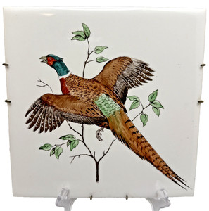 Vintage Ceramic Pheasant Tile Trivet Hand Painted Wall Hang Ready