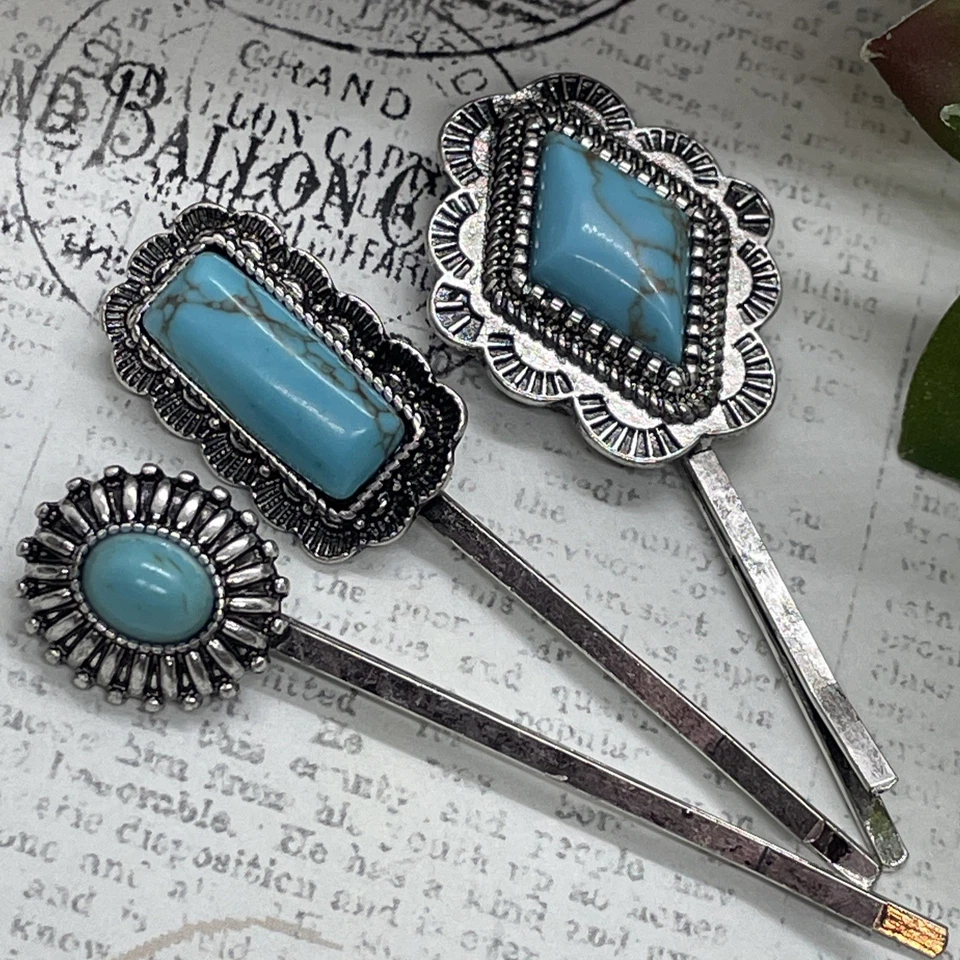 JUEGO 3 Pinzas de Pelo Plateadas del Suroeste Occidental Turquesa Elegante Vaquera Nativa Foto 3 de 4