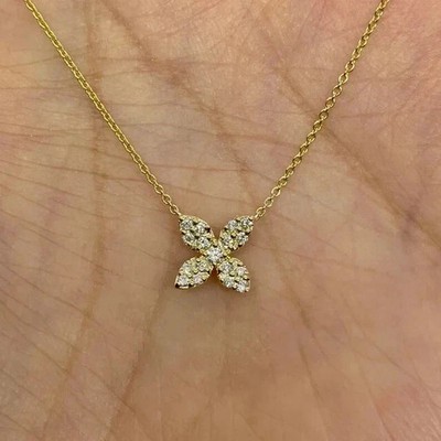 1Ct Round Cut Real Moissanite Flower Fancy Pendant 14K Yellow Gold Plated 18''