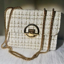 Neiman Marcus Cream Tweed Small Quilted Gold  Chain Crossbody Clutch Red Inside