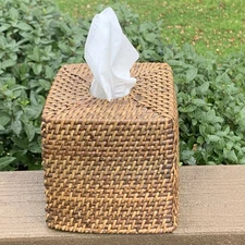 Vintage Wicker Cube Tissue Box Cover Light Brown Open Bottom Woven Rattan Boho