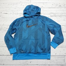 Nike Therma-FIT Hoodie Youth XL Blue Geometric Pullover Sweatshirt Swoosh Fleece
