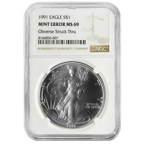 1991 $1 1-oz American Silver Eagle NGC MS69 Mint Error Obverse Strike Thru