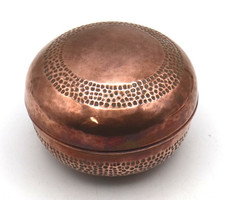 Vintage Round French Copper Lidded Trinket Box Planished Pin Prick Decoration
