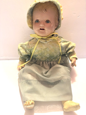 19in Composition Baby Doll Cloth Body Green Sleep Eyes Open Mouth Teeth Vintage