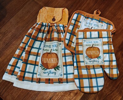 Hanging Dishtowel set with  Hot Pad & Mitt. Autumn Design. Cotton/Poly.