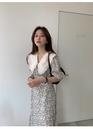Vestito donna elegante bambola francese colletto floreale vita lunga manica corta vestito - Foto 10 di 13