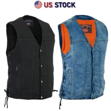 Men's Motorcycle Biker Distressed Denim Vest With Concealed Pockets Grey & Blue