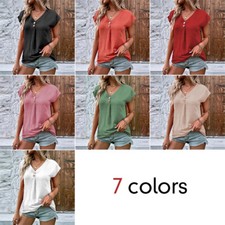 Womens Summer V-Neck Button Casual Tops Short Sleeved T-Shirt Loose Shirts