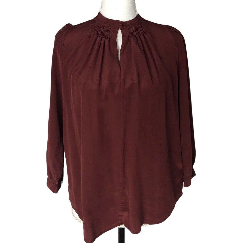 Blusa Madewell Seda Escote Simulado Manga Larga Color Borgoña Talla S