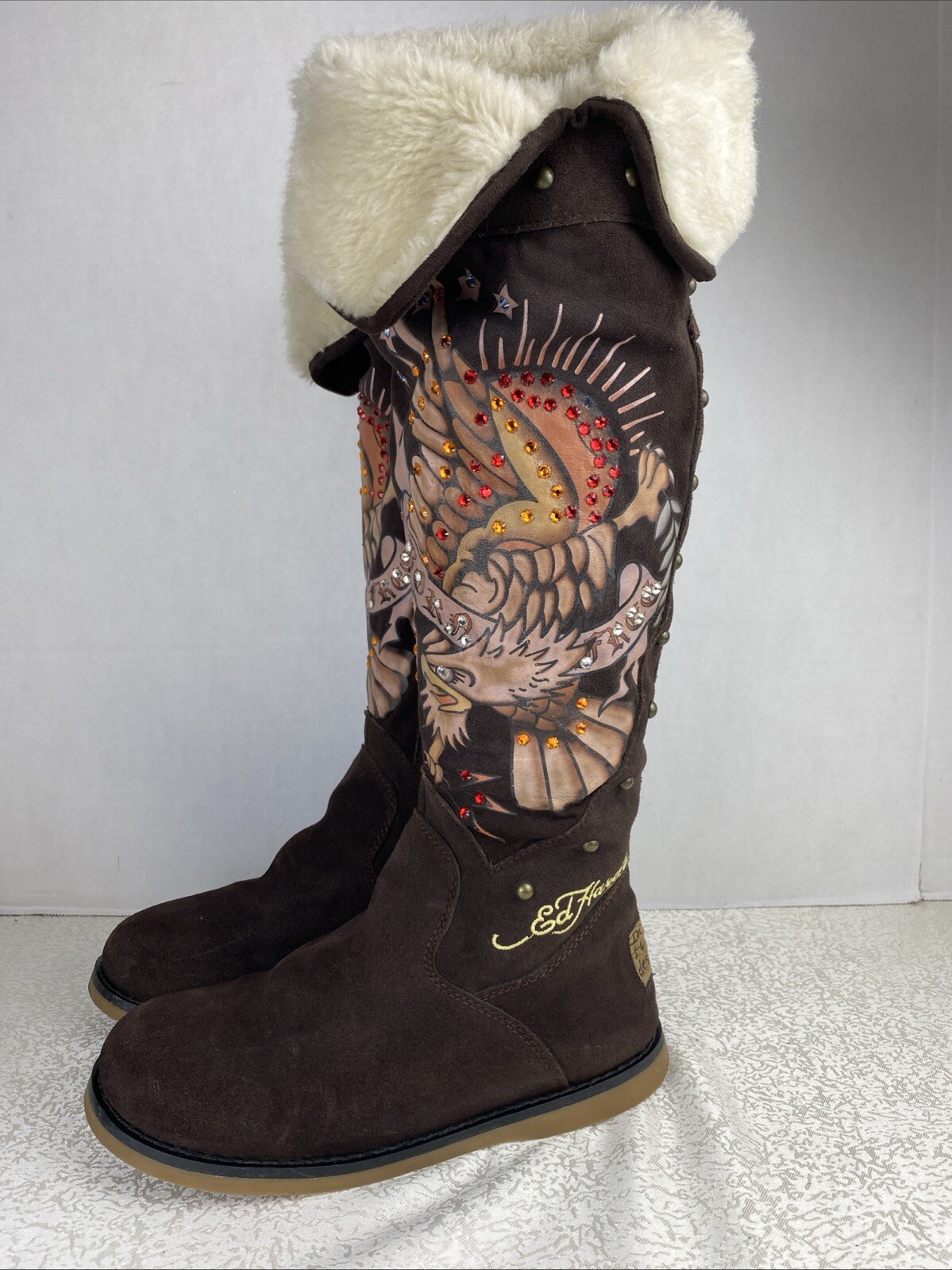 Ed Hardy Boots Womens 7 Brown Fur Lined Eagle Born Free Studded Knee High READ
