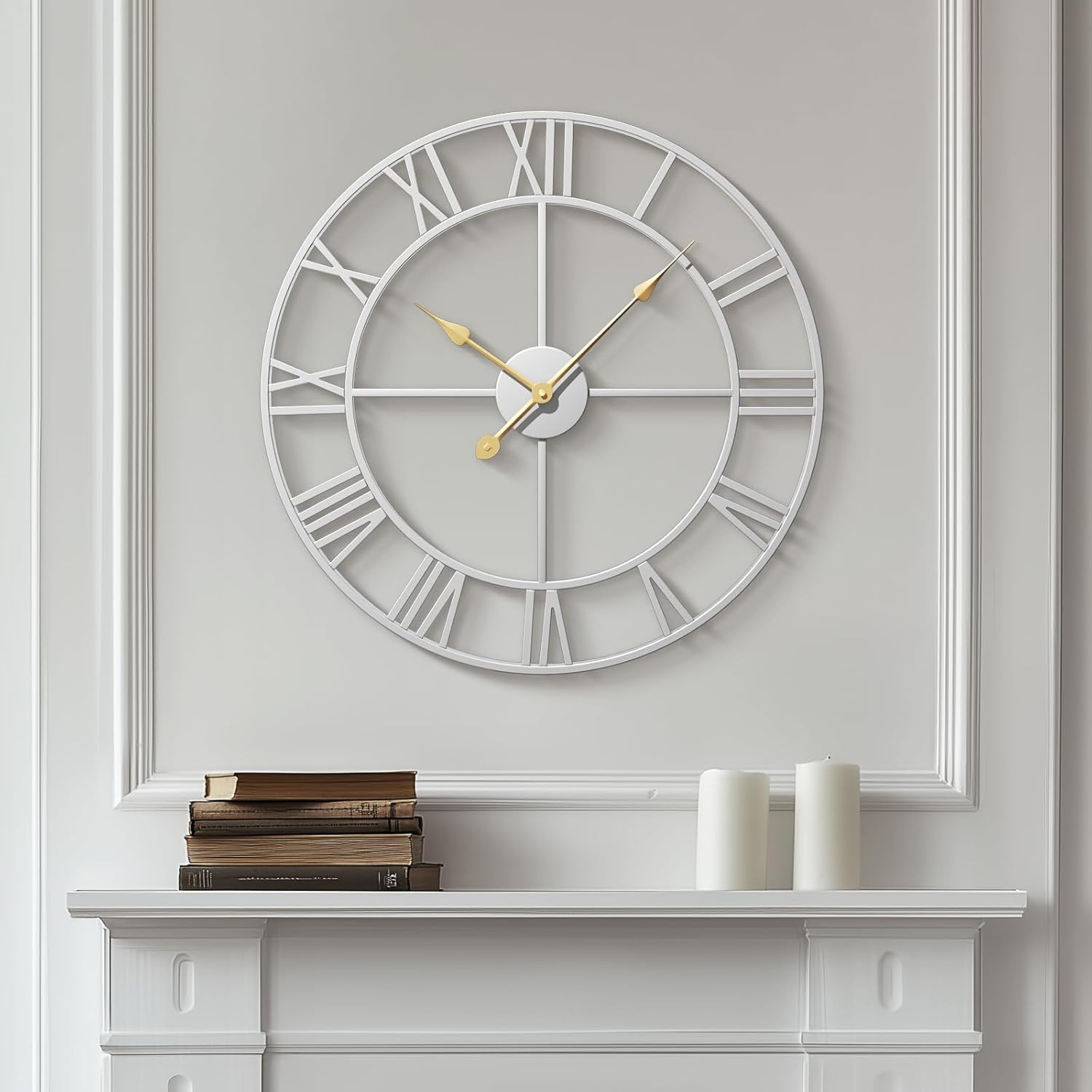 Large Silver Wall Clock - Modern 24" Roman Numeral Decor for
