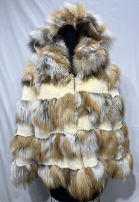red fox + rex rabbit jacket sections zipper w/ hood (117057)