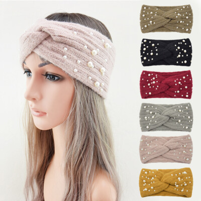 Knitted Pearl Headband Head Wrap Ear Hair Band Winter Crochet