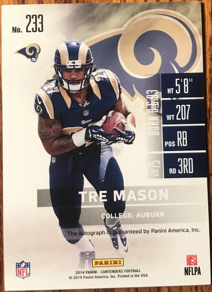 2014 Panini Contenders Rookie Autograph Tre Mason #233A St. Louis Rams - Image 2 of 3