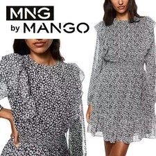 MNG by Mango, Shimmer Ruffled Long Sleeve Abstract Mini Dress, Black, White