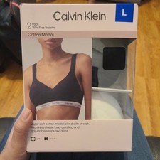 NEW Calvin Klein Women's L 2 Pack Wire Free Bralette Cotton Modal Black/White
