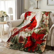 Festive Christmas Cardinal Poinsettia Pine Cones Snowflakes Print Blanket - Soft