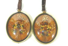 Pair Vtg Dried Flowers Wall Art Domed Convex Glass Brass Cideart Belgium 6 x 4.5