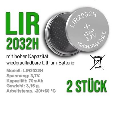 2x LIR2032H-3.7V-70mAh Lithium Ion Wiederaufladbare Batterie mit hoher Kapazität