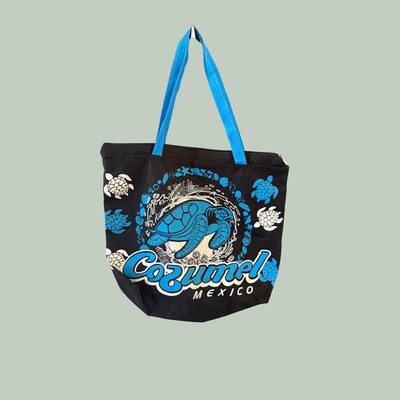 Cozumel Mexico Sea Turtle Canvas Tote Bag Black Blue Zippered Souvenir Shoulder