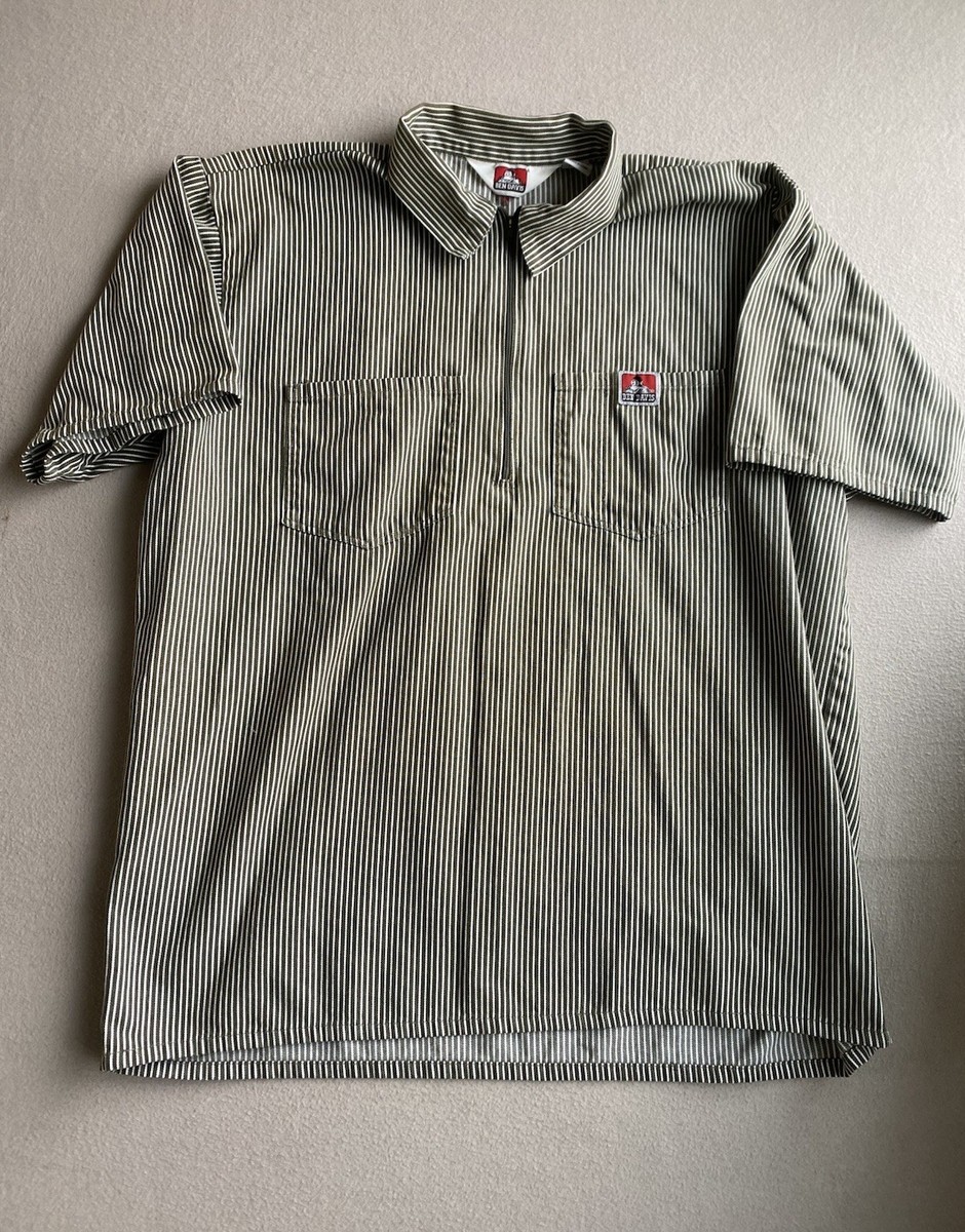 Vintage Ben Davis Shirt Mens XL Green Striped Zip Workwear Short