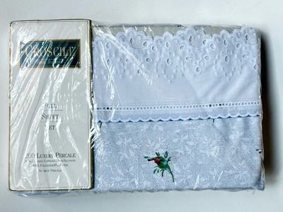 NEW Croscill FULL FLAT & FITTED SHEET SET PILLOWCASES PRINCESS ROSE Blue FLOWERS