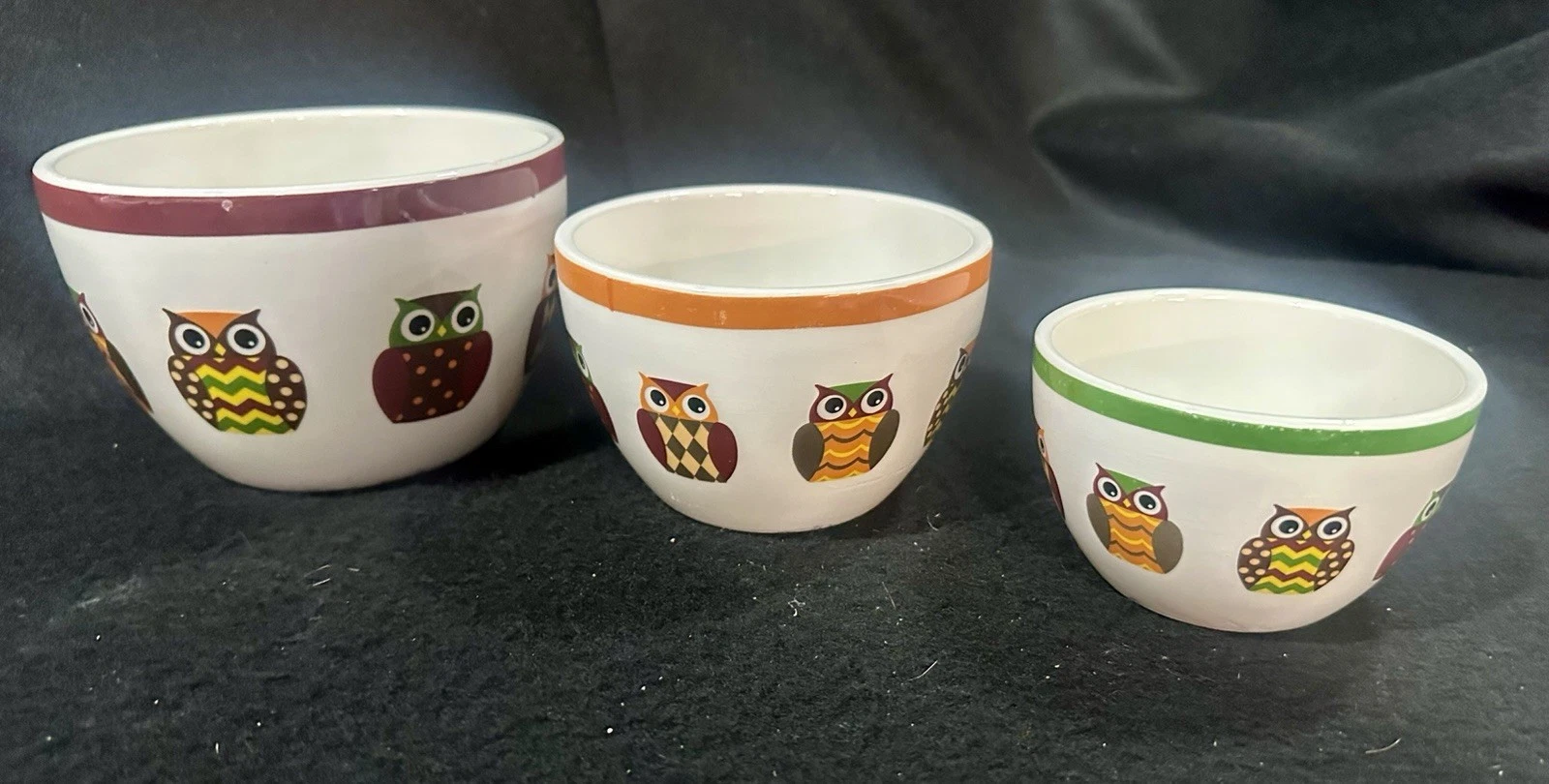 Set of 3 Ceramic Nesting Mixing Bowls Colorful Owl Design 4.5”–6.5” Retro Cute