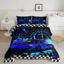 Blue Race Car Comforter Set for Kids, Full Size Bedding with 2 Pillow Cases