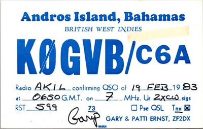 1983 C6A Bahamas QSL Card K�GVB Andros Island CW Contact to AK1L DXCC Honor Roll