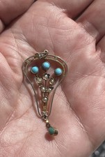 9ct Gold Turquoise Seed Pearl Pendant, 1890s Victorian Art Nouveau 9k 375 2.5g