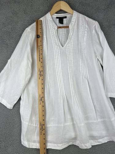 Grace Elements White Linen Top Pullover Size 0X Deep V Neck 3/4 Sleeve - Picture 7 of 9