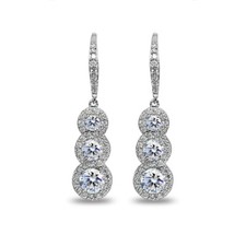 Three Stone 925 Silver Dangle Leverback Earrings Made with AAA Zirconia