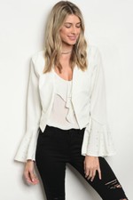 Ivory White Blazer Size Small Long Bell Sleeve Faux Pearl Accents